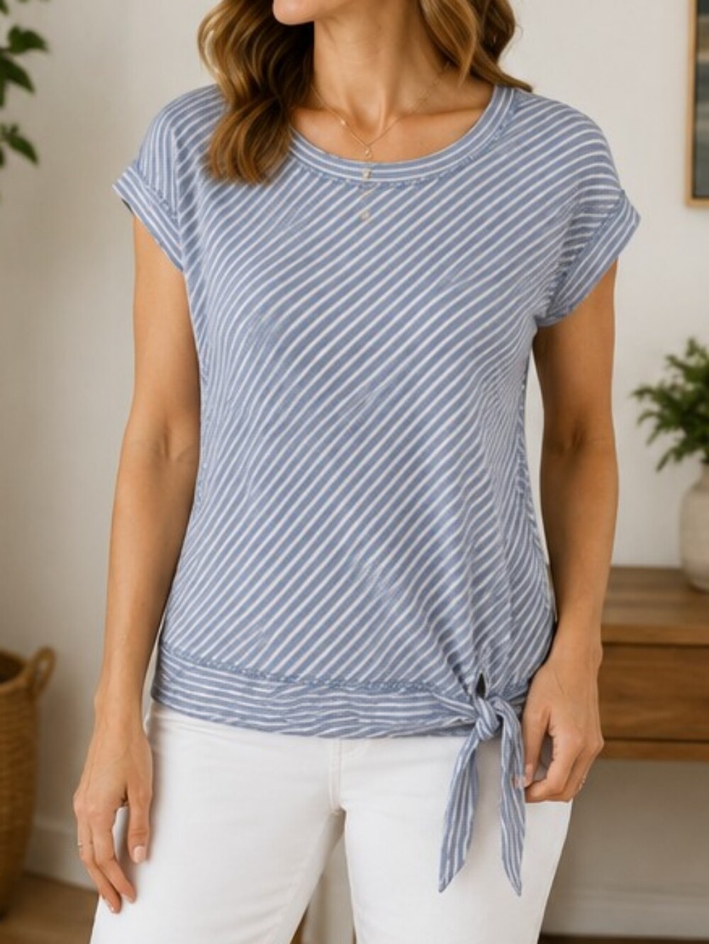Talbots Blue & White Diagonal Stripe Short-Sleeve Side-Tie Tee